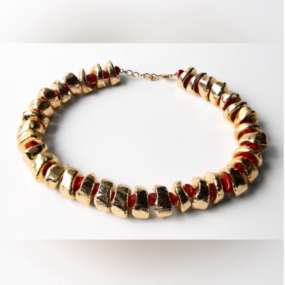 Zara Mixed Stone Necklace - Gold and Coral Red Statement Necklace NWOT - Picture 4 of 11